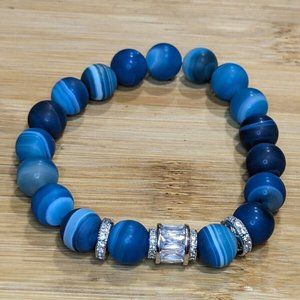 New Unisex New Blue Matte Botswana Agate Baguette Pave Bracelet 10mm